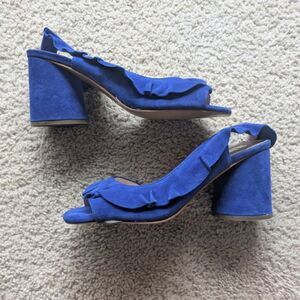 Silent D Royal Blue Suede Leather Ruffled Block Open Toe Heels Sz 40